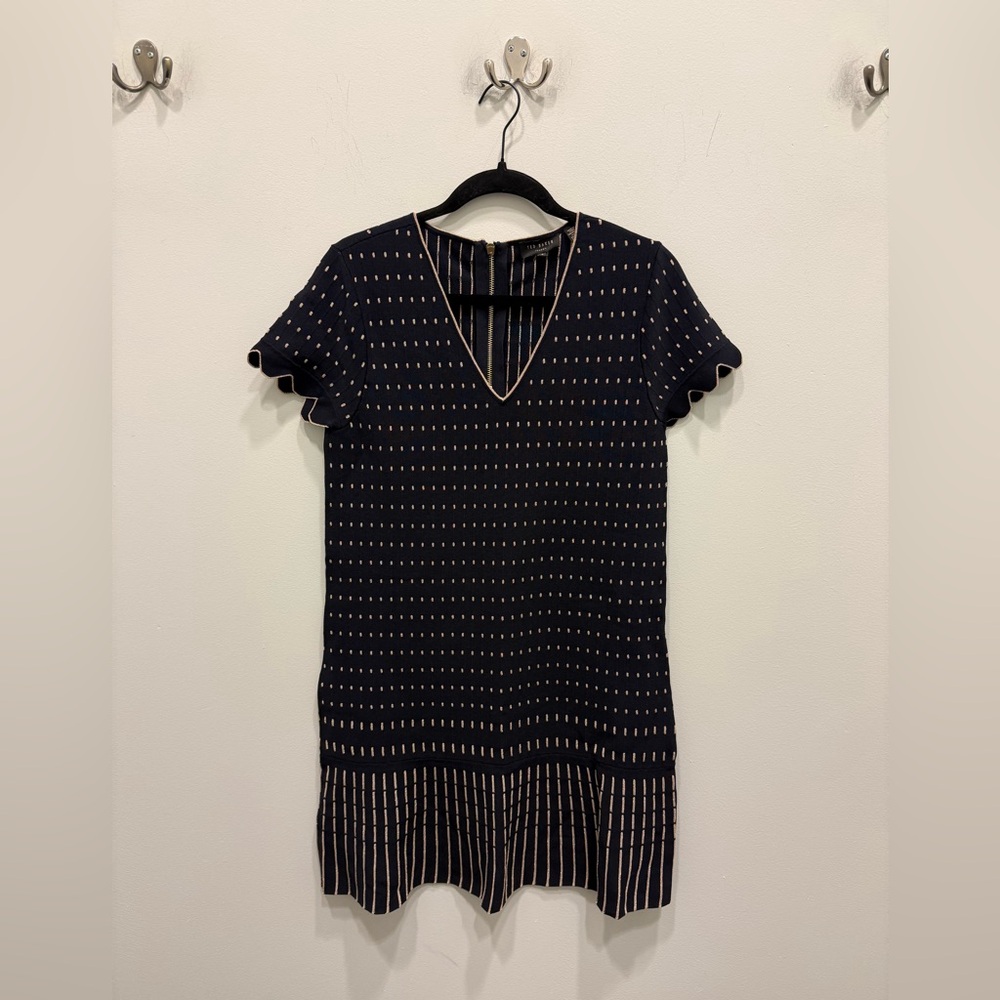 Ted Baker Navy and Cream Patterned V-Neck Dress